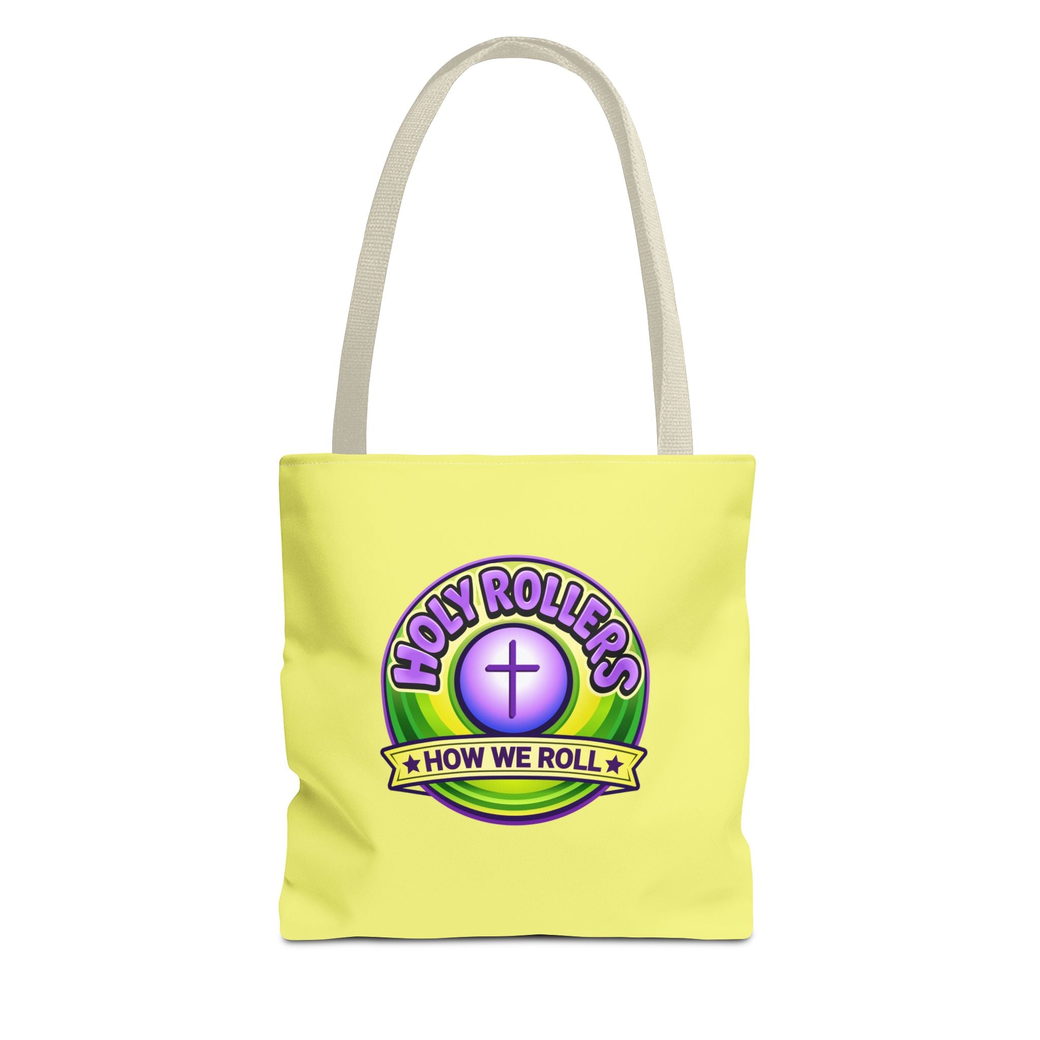 Holy Rollers Christian apparel: Christian Tote Bag — "Saved By Grace" / "Holy Rollers" Inspirational All-Over Print