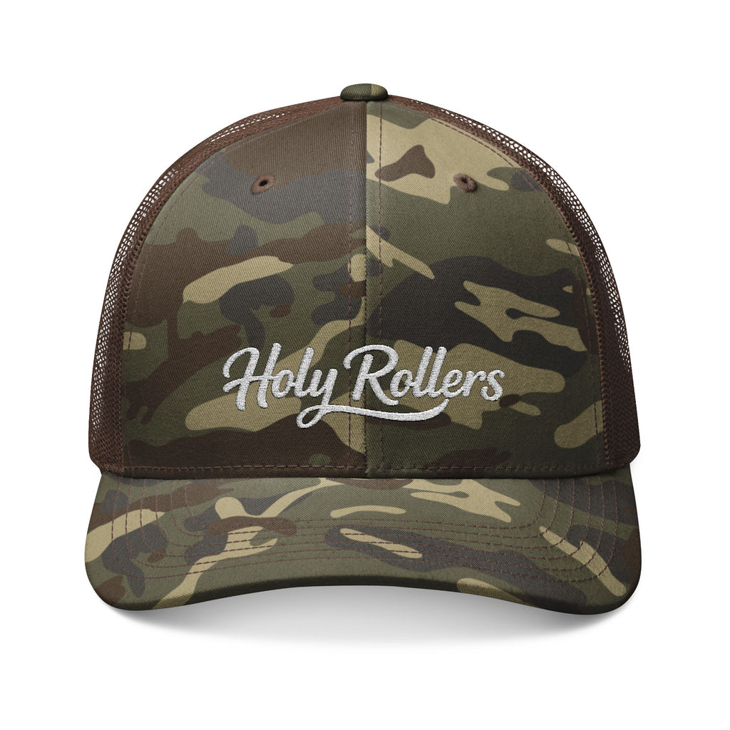 Holy Rollers Christian apparel thumbnail: Camouflage Trucker Hat — Embroidered "Holy Rollers" Mesh Cap