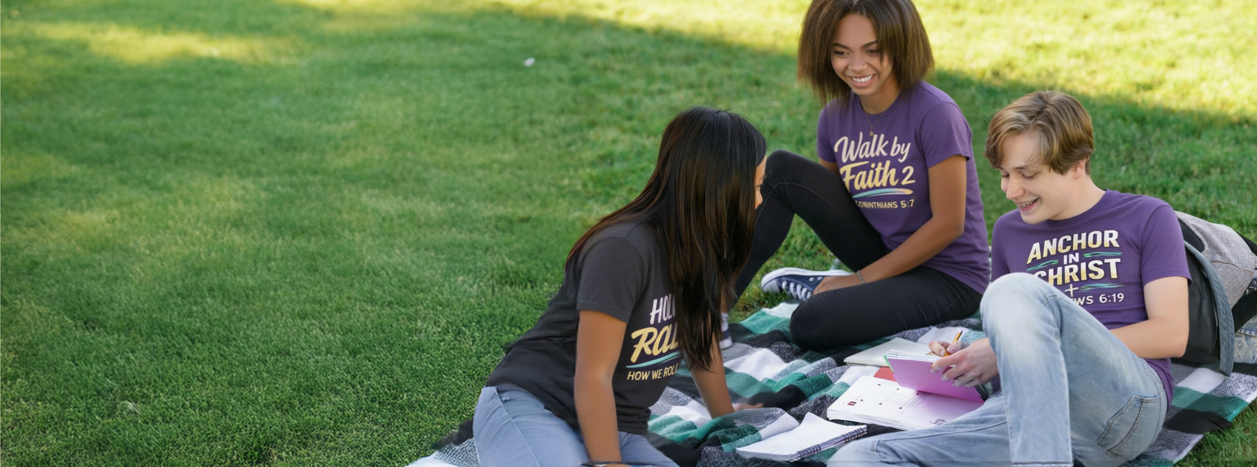 Friends wearing Holy Rollers faith apparel on the grass