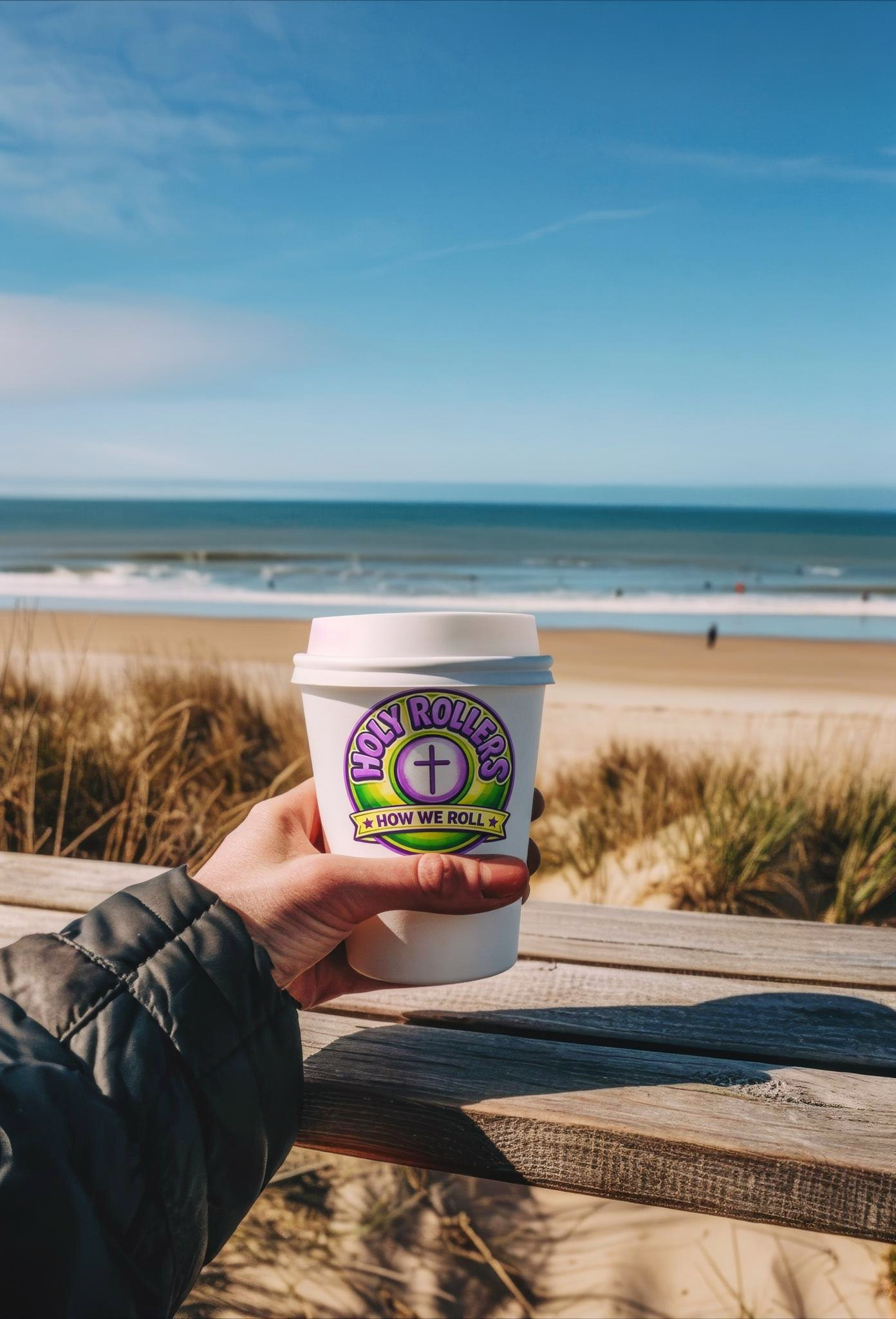 Holy Rollers café cup by the beach