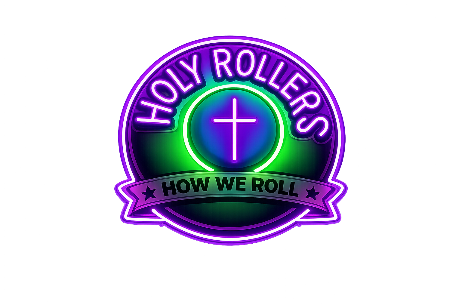 Holy Rollers LED neon sign glowing in purple and green